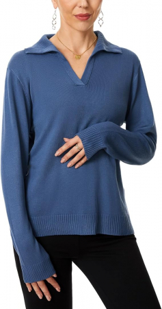 Bluza lejera, pulover tricotat, cu guler in "V" pentru femei, ALBASTRU, marime XXL [1]