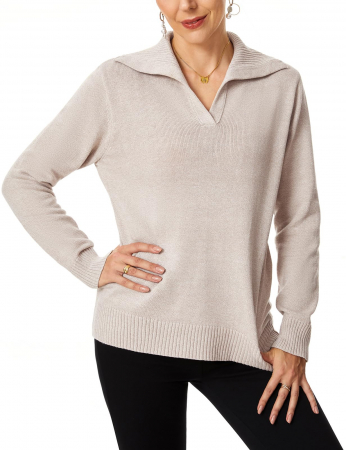 BLUZE - Bluza lejera, pulover tricotat, cu guler in "V" pentru femei, CREM, marime XXL