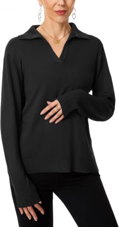 BLUZE - Bluza lejera, pulover tricotat, cu guler in "V" pentru femei, negru, marime S
