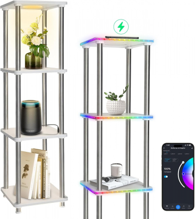 suporti depozitare - Etajeră Decorativă cu LED RGB, 4 Rafturi, Telecomandă, Iluminare Multicoloră, incarcare telefon