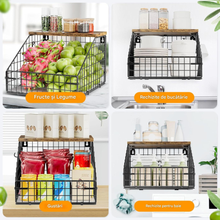 Cos metalic de depozitare fructe si legume, suspendabil, polita lemn si accesorii fixare [6]