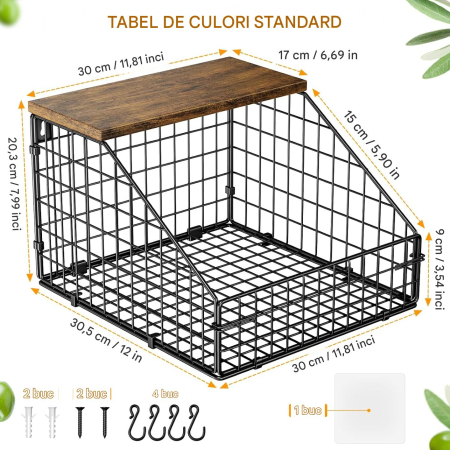 Cos metalic de depozitare fructe si legume, suspendabil, polita lemn si accesorii fixare [1]