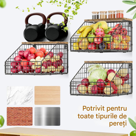 Cos metalic de depozitare fructe si legume, suspendabil, polita lemn si accesorii fixare [5]