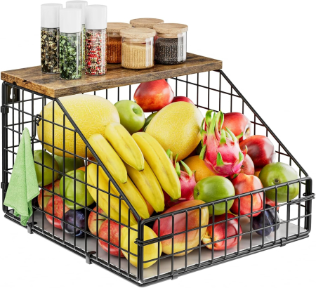 DEPOZITARE - Cos metalic de depozitare fructe si legume, suspendabil, polita lemn si accesorii fixare