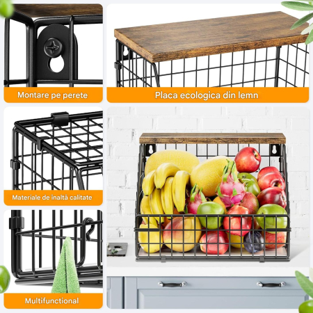 Cos metalic de depozitare fructe si legume, suspendabil, polita lemn si accesorii fixare [3]