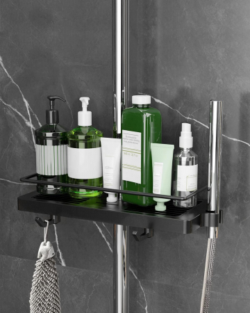 suporturi si accesorii baie - Raft negru din otel inoxidabil pentru bara de dus, fara gaurire, 27x12x4 cm