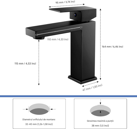 Robinet de chiuveta baie negru, patrat, inaltime 164 mm [5]