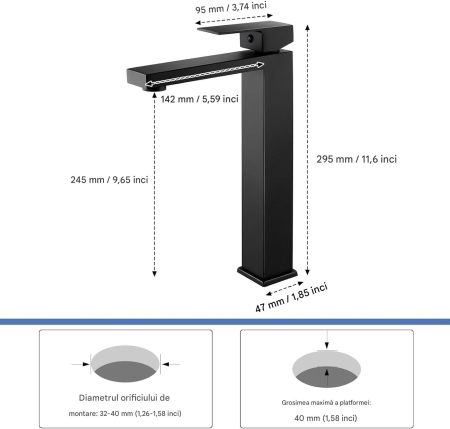 Robinet de chiuveta baie negru patrat ZGARIAT , inaltime 295 mm [6]