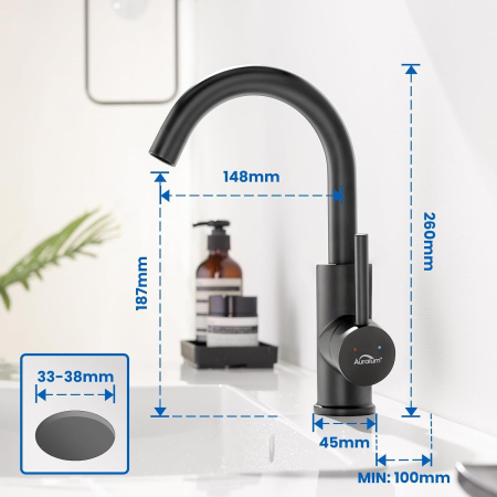 Robinet lavoar rotativ 360 de grade pentru baie negru, rotund, inaltime 26 cm [6]