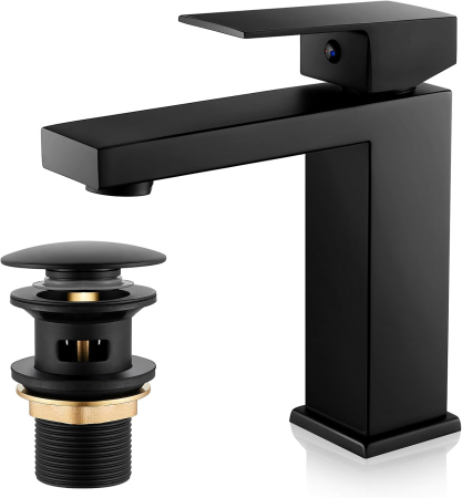 Baterii sanitare - Robinet de chiuveta baie negru patrat set cu scurgere pop-up