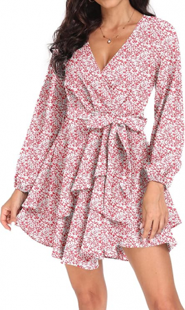 ROCHII - Rochie alba cu flori rosii, deasupra la genunchi, maneci lungi, marimea L