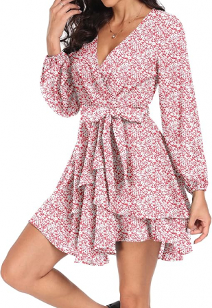 Rochie alba cu flori rosii, deasupra la genunchi, maneci lungi, marimea L [2]