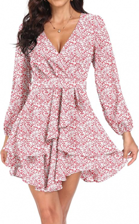 Rochie alba cu flori rosii, deasupra la genunchi, maneci lungi, marimea L [3]
