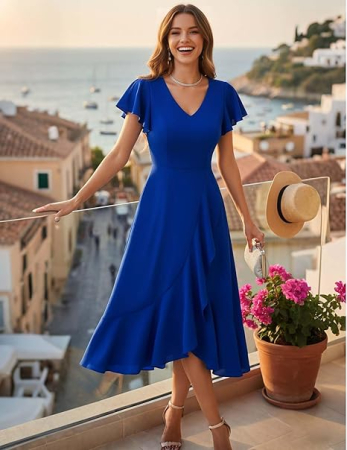 Rochie albastra eleganta de vara,lungime peste genunchi, decolteu in V, fermoar ascuns pe spate, L [5]