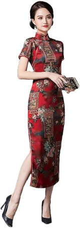 ROCHII - Rochie cheongsam (qipao) tradițională pentru femei slim fit cu guler mandarin – Roșu închis 42, 3XL