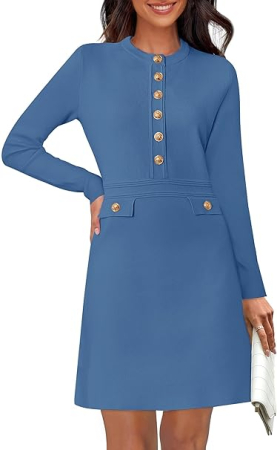 ROCHII - Rochie albastra eleganta, mulata pe corp, mâneci lungi, M