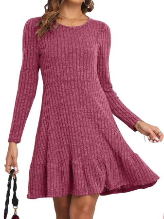 ROCHII - Rochie rosie casual deasupra la genunchi, vaporoasa, maneci lungi L