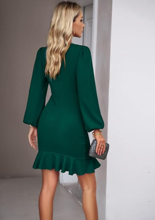 Rochie verde Cocktail Damă A-Line, Asimetrică High-Low, Talie Accentuată, Elegantă, L [5]