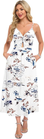 Rochie Lungă de Vară AUSELILY, Bretele Subțiri, Decolteu în V, Buzunare, XL [3]