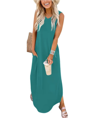 ROCHII - Rochie verde lunga de vara, fara maneci, decolteu in V, M