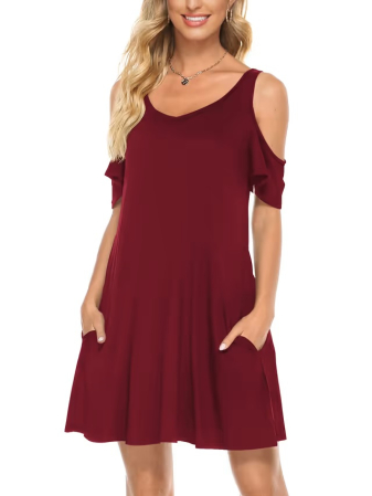 ROCHII - Rochie rosie casual lejera, umerii goi, buzunare, L