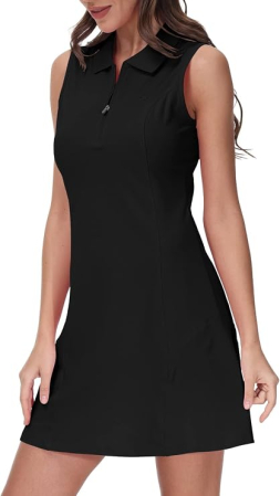 ROCHII - Rochie neagra Polo Damă Sport, Fără Mâneci, Guler cu Fermoar 1/4, Bumbac Blend, S