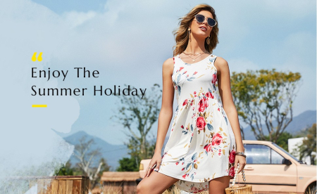 Rochie casual lejera pentru femei, peste genunchi, alba cu flori 2XL [4]