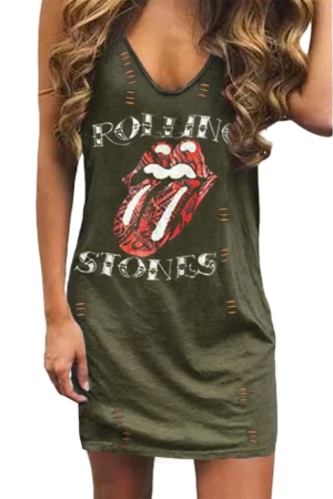 ROCHII - Rochie scurta casual, lejera pentru femei, fara maneci, verde cu model S