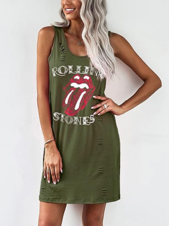 Rochie scurta casual, lejera pentru femei, fara maneci, verde cu model S [1]