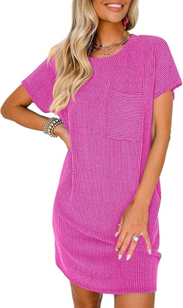 ROCHII - Rochie casual pentru femei deasupra la genunchi, mâneci scurte, buzunar la piept S roz