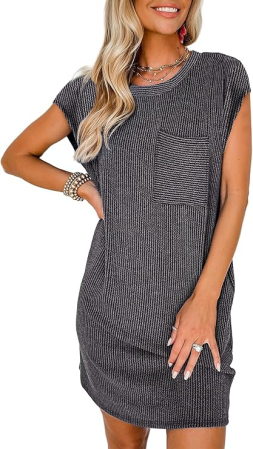 ROCHII - Rochie casual pentru femei deasupra la genunchi, mâneci scurte, buzunar la piept S gri