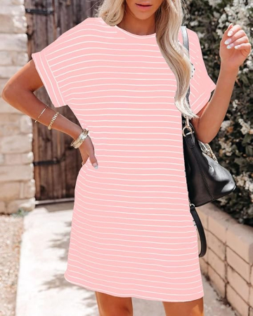 Rochie casual pentru femei deasupra la genunchi, mâneci scurte, Roz XL [3]