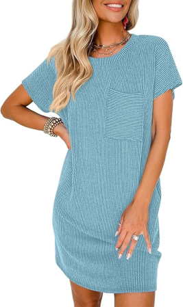 ROCHII - Rochie casual pentru femei deasupra la genunchi, mâneci scurte, buzunar la piept S bleu