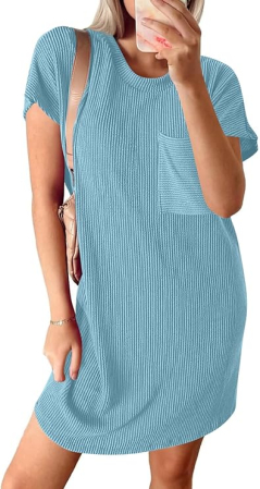Rochie casual pentru femei deasupra la genunchi, mâneci scurte, buzunar la piept S bleu [3]