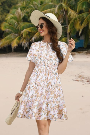 Rochie casual pentru femei peste genunchi, alba cu flori M [3]