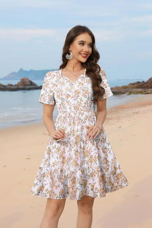 Rochie casual pentru femei peste genunchi, alba cu flori M [1]