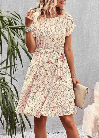 Rochie casual peste genunchi, vaporoasa, de zi cu zi, maneci scurte, decolteu rotund, alba XL [3]