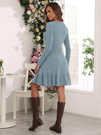 Rochie albastra casual deasupra la genunchi, vaporoasa, maneci lungi XL [4]