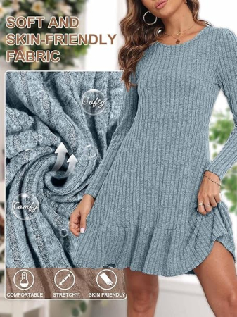 Rochie albastra casual deasupra la genunchi, vaporoasa, maneci lungi XL [6]