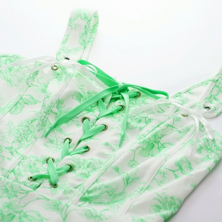 Rochie casual racoroasa, peste genunchi, fara maneci, stransa in talie, alba cu flori verzi 2XL [1]