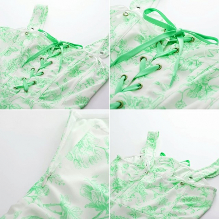 Rochie casual racoroasa, peste genunchi, fara maneci, stransa in talie, alba cu flori verzi 2XL [4]
