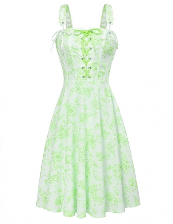 ROCHII - Rochie casual racoroasa, peste genunchi, fara maneci, stransa in talie, alba cu flori verzi 2XL