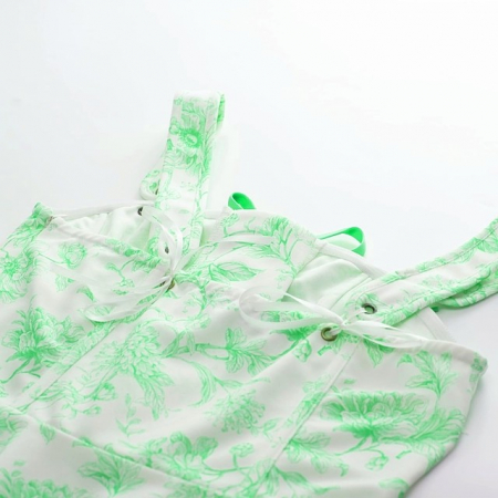 Rochie casual racoroasa, peste genunchi, fara maneci, stransa in talie, alba cu flori verzi 2XL [2]