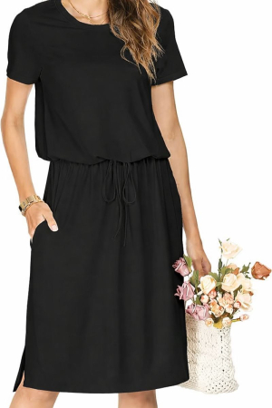 ROCHII - Rochie neagra casual peste genunchi, vaporoasa, de zi cu zi, maneci 3/4, decolteu rotund, S