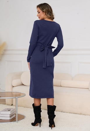 Rochie casual tricotata pentru femei peste genunchi, mâneci lungi, albastra, L [1]