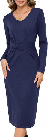 ROCHII - Rochie casual tricotata pentru femei peste genunchi, mâneci lungi, albastra, L