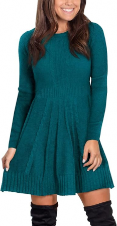 ROCHII - Rochie casual tricotata pentru femei deasupra la genunchi, mâneci lungi, albastra, M