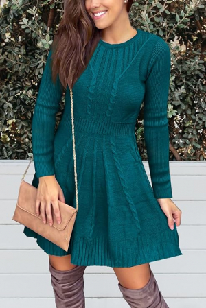 Rochie casual tricotata pentru femei deasupra la genunchi, mâneci lungi, albastra, M [3]