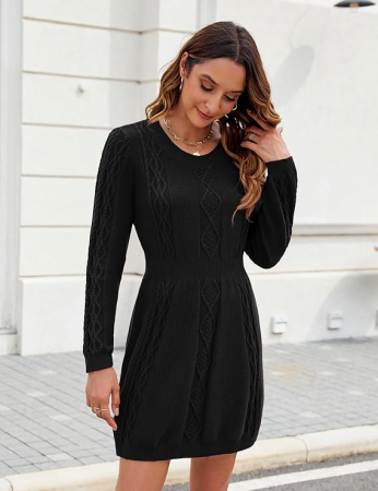 Rochie casual tricotata pentru femei deasupra la genunchi, mâneci lungi, neagra, M [6]