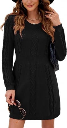 ROCHII - Rochie casual tricotata pentru femei deasupra la genunchi, mâneci lungi, neagra, M